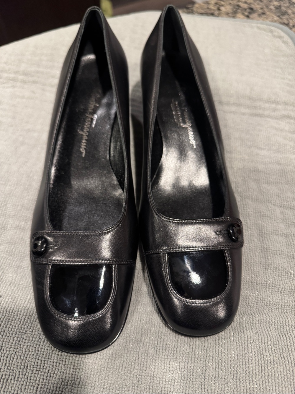 Salvatore Ferragamo Black Leather Low Heel Pumps with Patent Toe